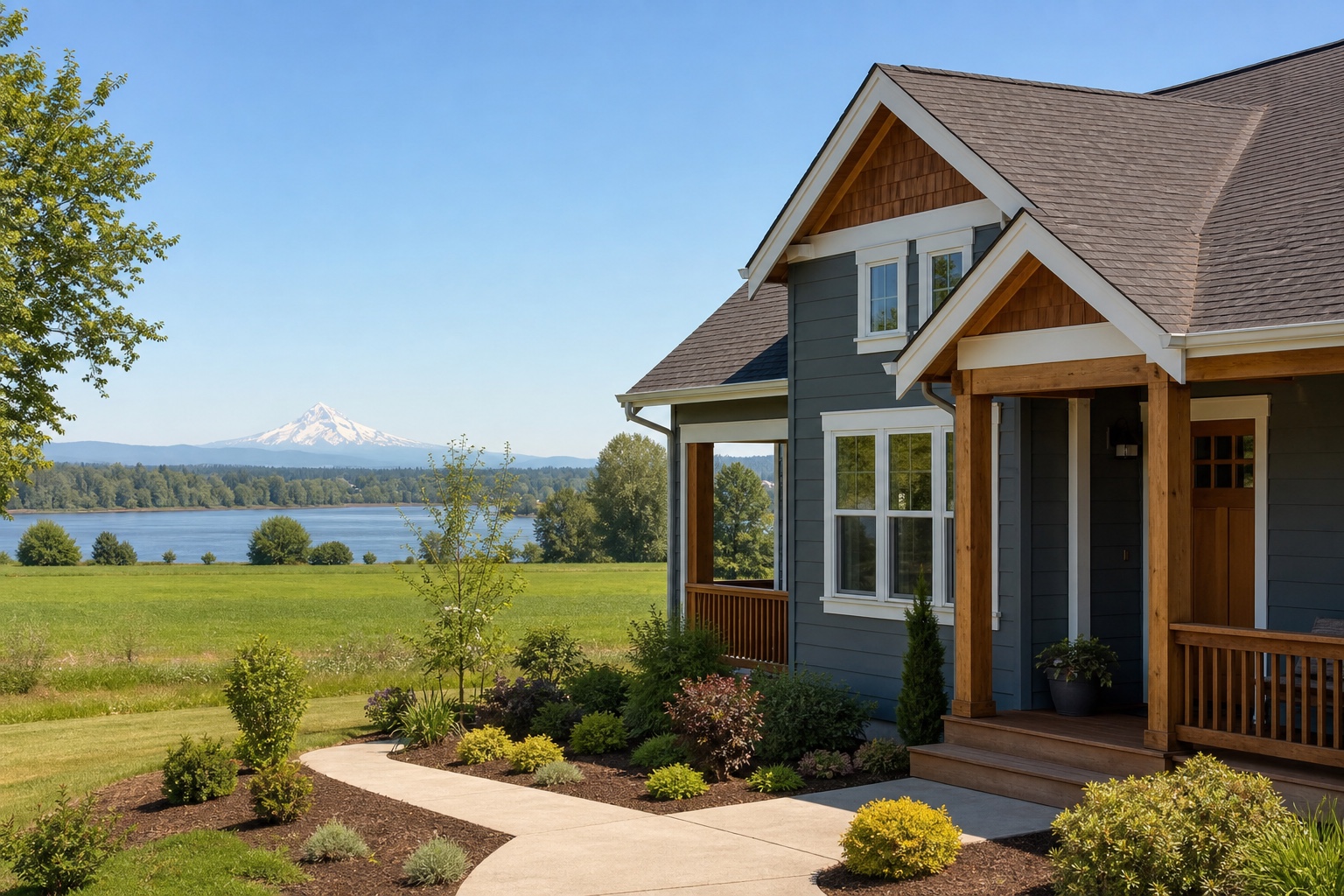 A sunny Canby-inspired home near the Willamette River with Mount Hood in the distance